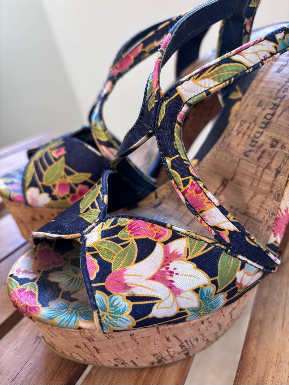 Chinese Laundry Navy Floral Cork Platform Heels - Picture 4 of 7